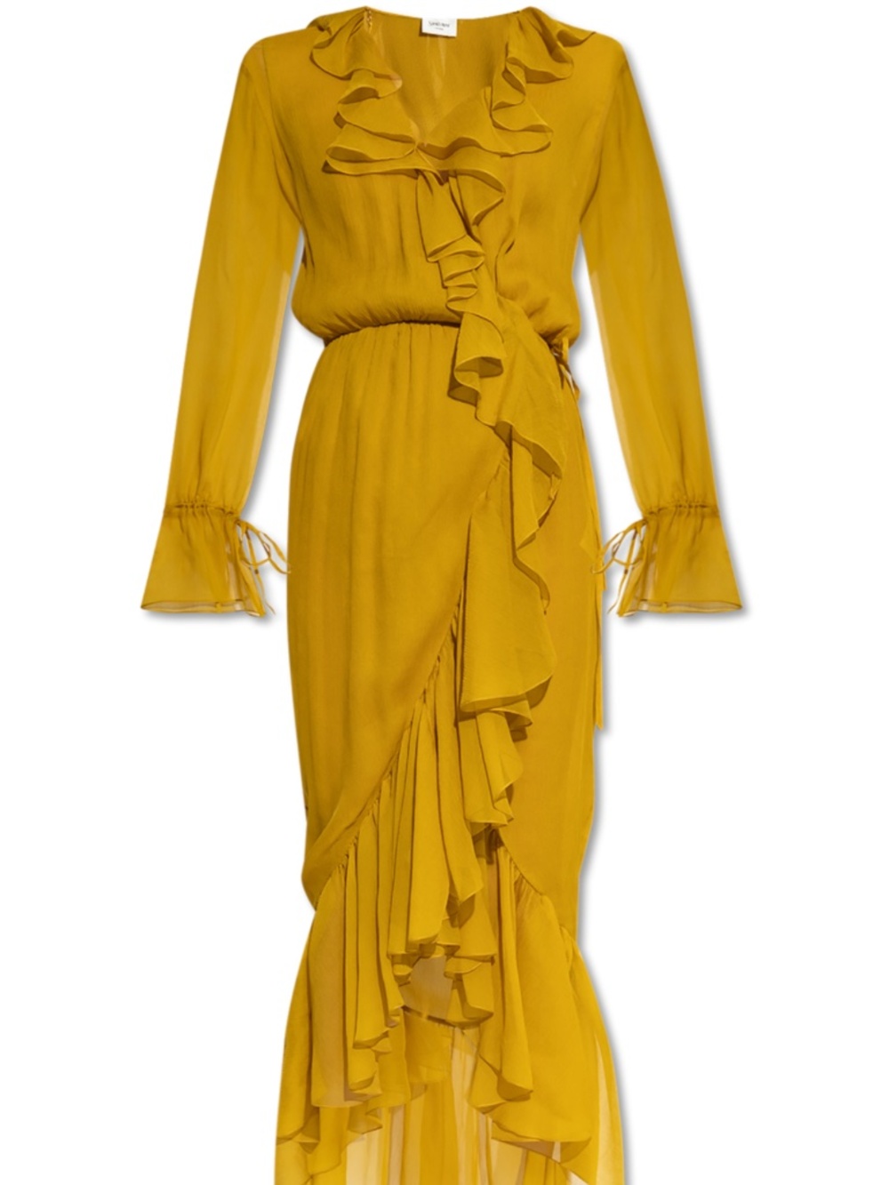 Saint Laurent YSL Yellow Silk Ruffled Wrap Tie V-Neck Runway Midi Dress Gown